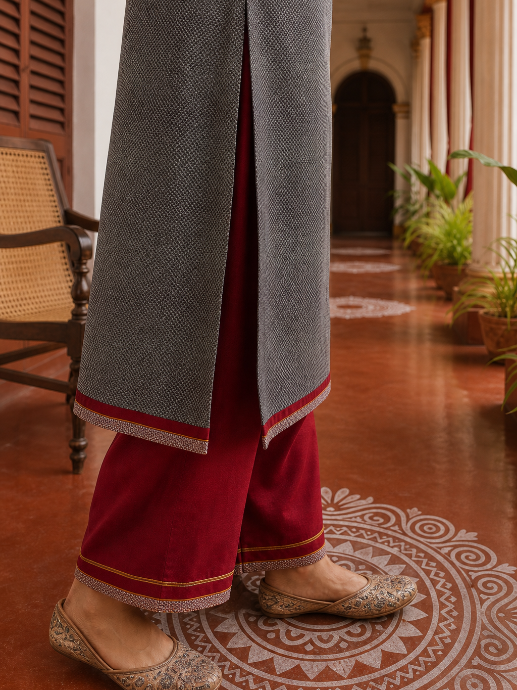 Timeless Grey Khun Kurta with Maroon Embroidered Yoke Panel & Contrast Border Sleeves