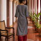 Timeless Grey Khun Kurta with Maroon Embroidered Yoke Panel & Contrast Border Sleeves