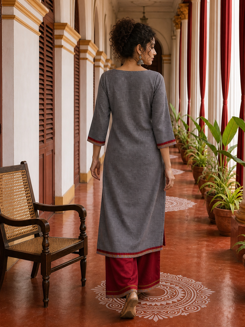 Timeless Grey Khun Kurta with Maroon Embroidered Yoke Panel & Contrast Border Sleeves