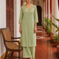 Elegant pista Green Kurta with Golden Floral brocade Yoke, appliqué Sleeve hem