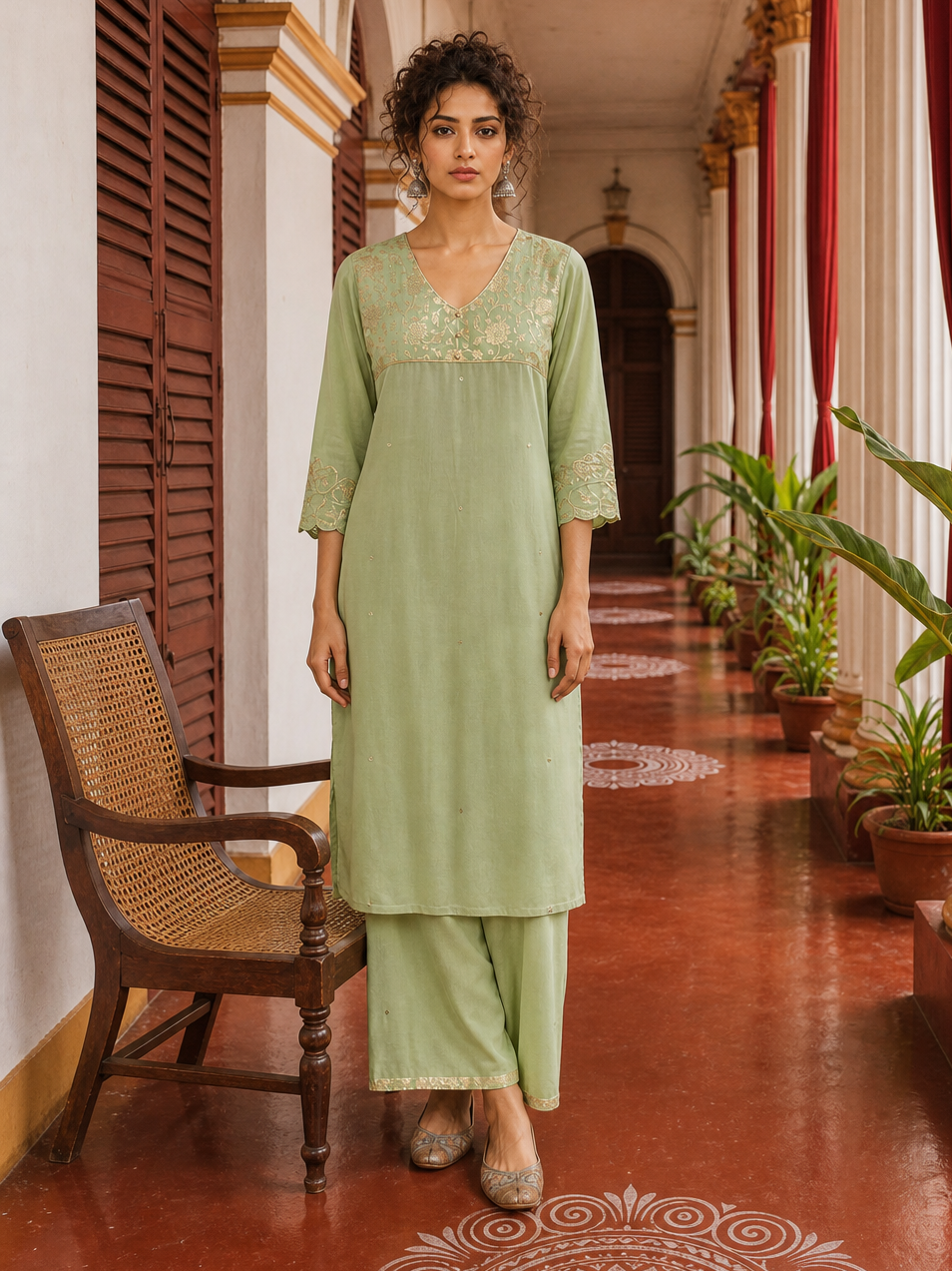 Elegant pista Green Kurta with Golden Floral brocade Yoke, appliqué Sleeve hem