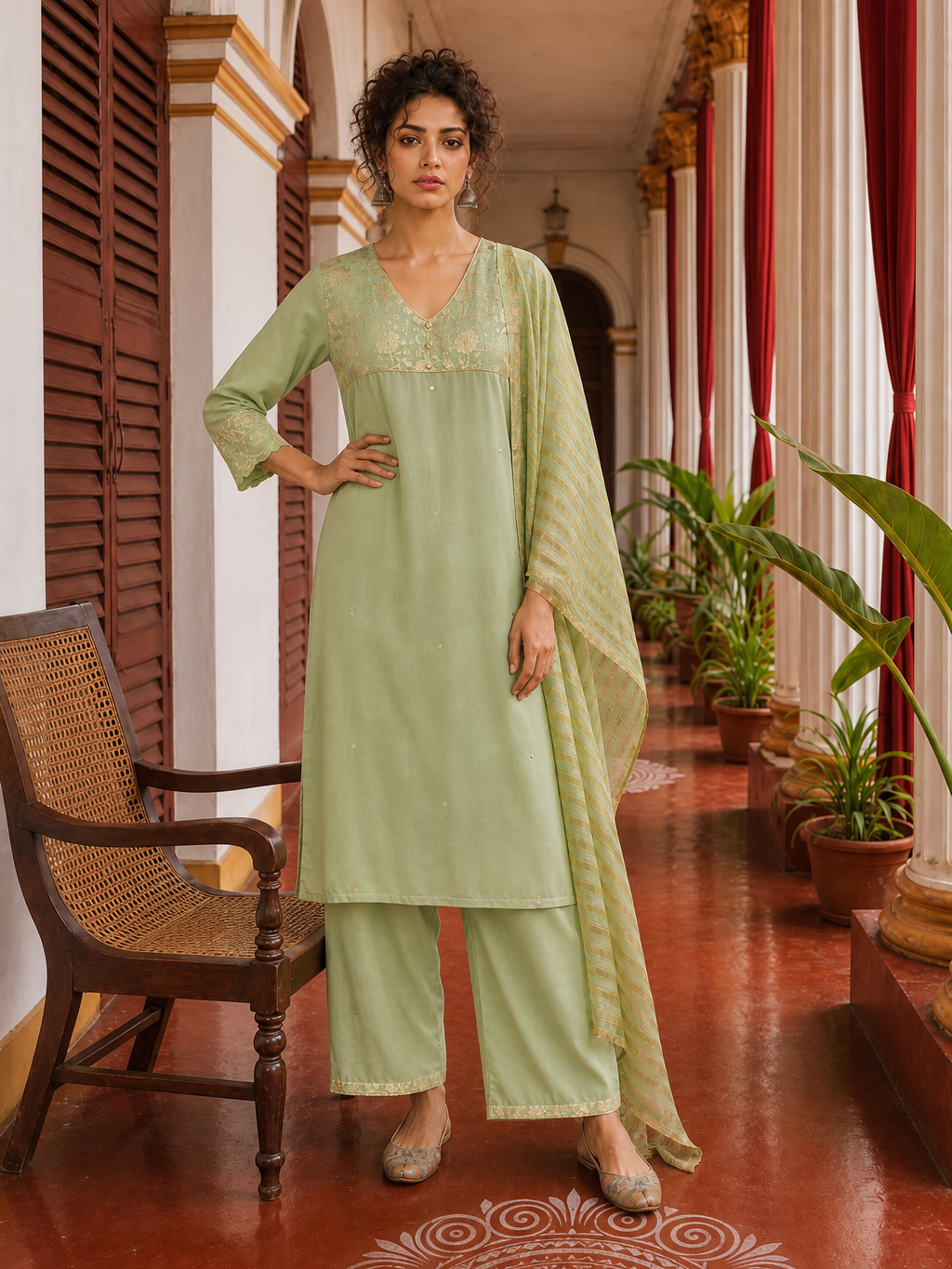 Elegant pista Green Kurta with Golden Floral brocade Yoke, appliqué Sleeve hem