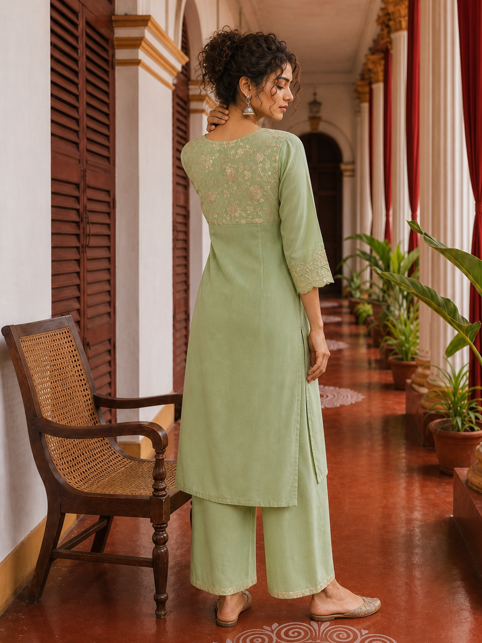 Elegant pista Green Kurta with Golden Floral brocade Yoke, appliqué Sleeve hem