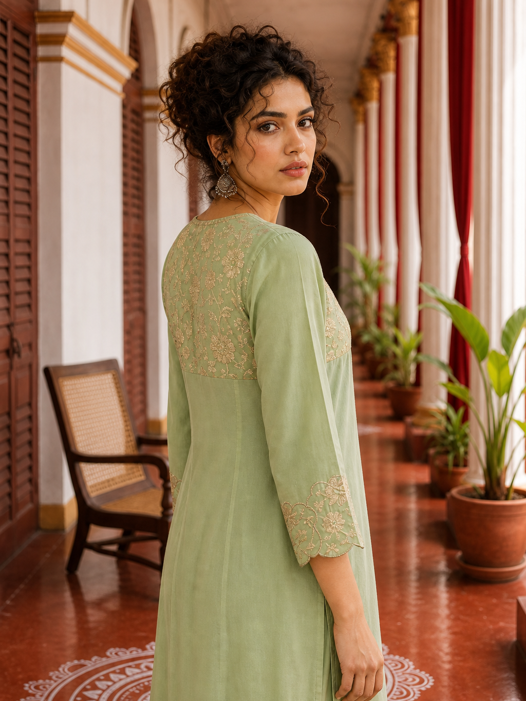 Elegant pista Green Kurta with Golden Floral brocade Yoke, appliqué Sleeve hem