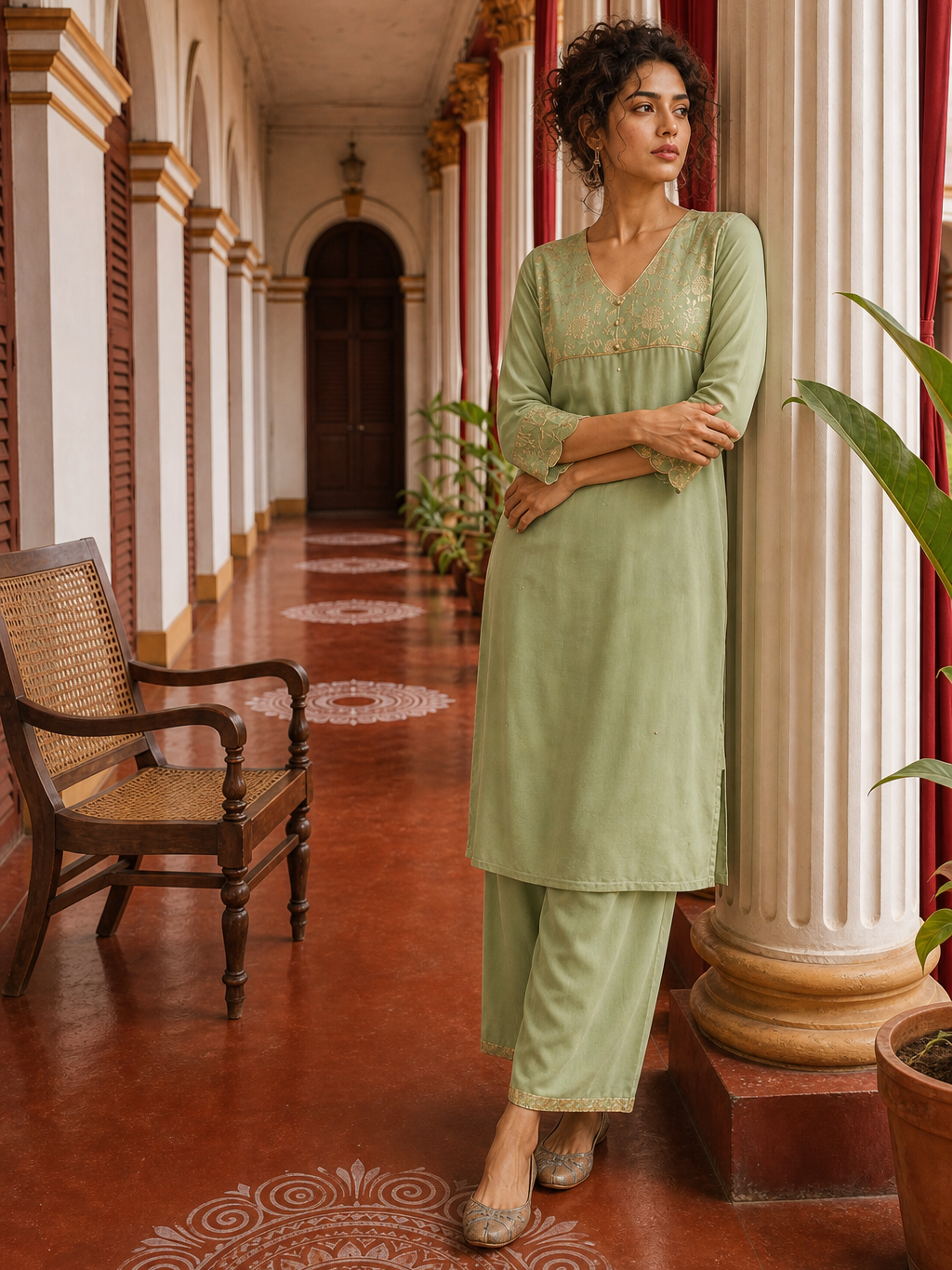 Elegant pista Green Kurta with Golden Floral brocade Yoke, appliqué Sleeve hem