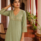 Elegant pista Green Kurta with Golden Floral brocade Yoke, appliqué Sleeve hem