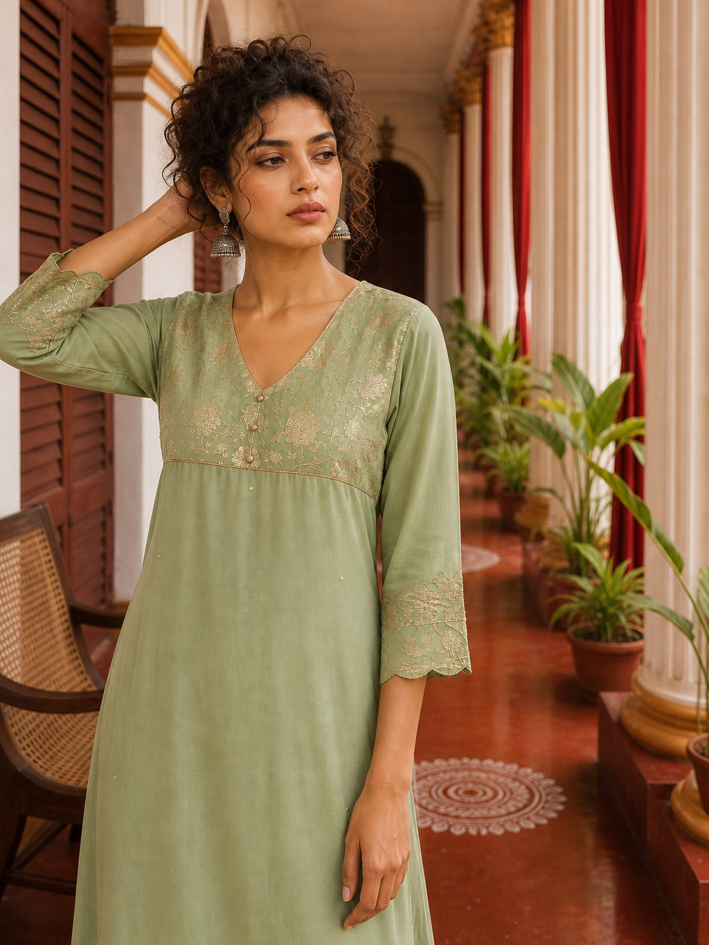 Elegant pista Green Kurta with Golden Floral brocade Yoke, appliqué Sleeve hem