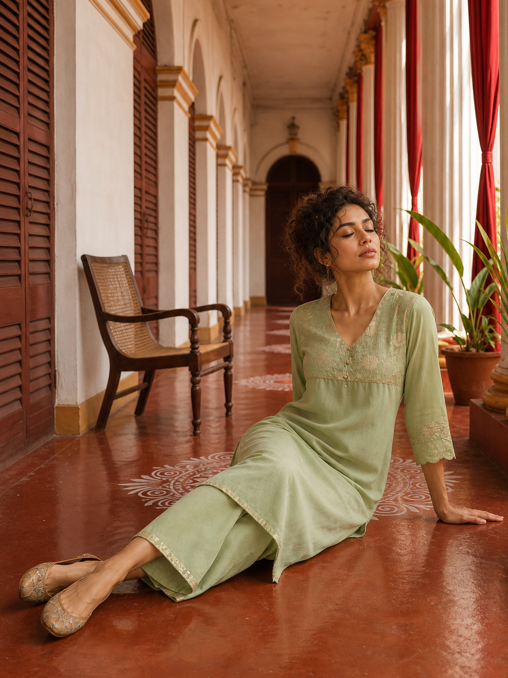 Elegant pista Green Kurta with Golden Floral brocade Yoke, appliqué Sleeve hem