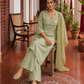 Elegant pista Green Kurta with Golden Floral brocade Yoke, appliqué Sleeve hem