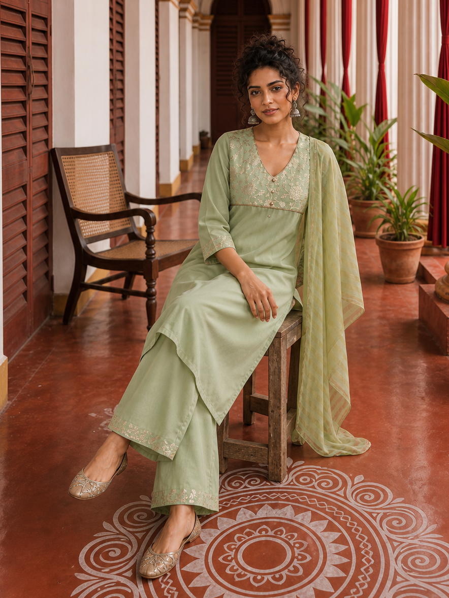 Elegant pista Green Kurta with Golden Floral brocade Yoke, appliqué Sleeve hem