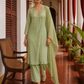 Elegant pista Green Kurta with Golden Floral brocade Yoke, appliqué Sleeve hem