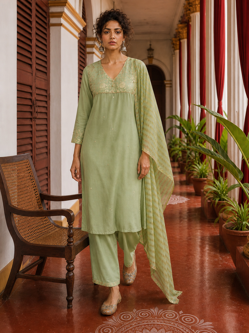Elegant pista Green Kurta with Golden Floral brocade Yoke, appliqué Sleeve hem