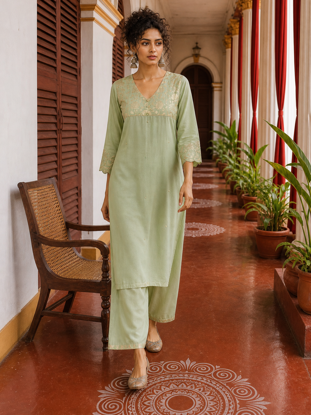 Elegant pista Green Kurta with Golden Floral brocade Yoke, appliqué Sleeve hem