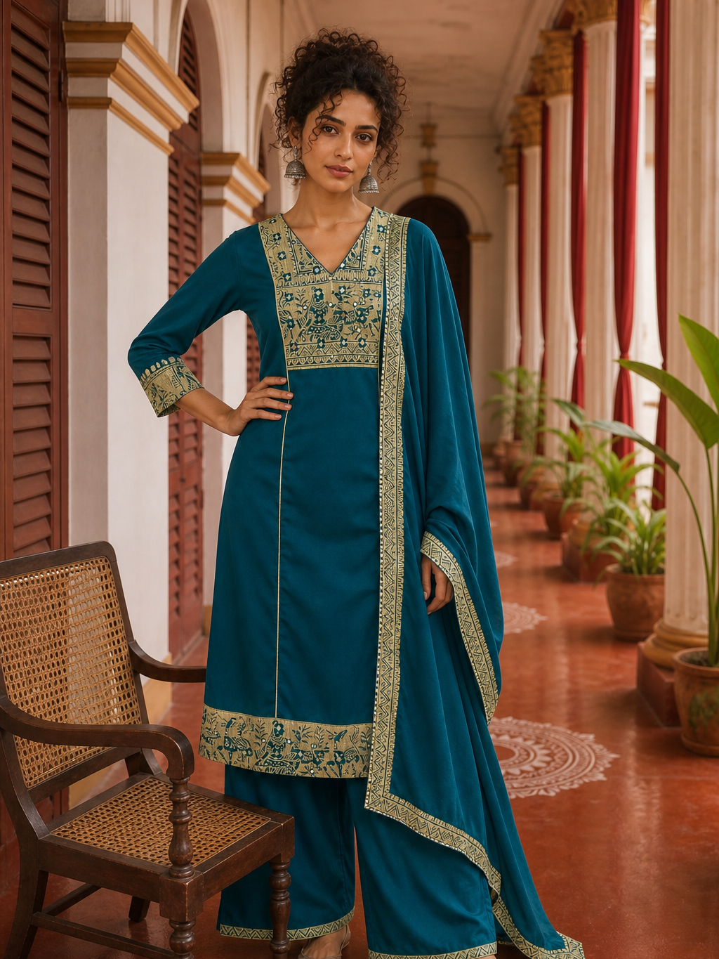 Elegant Teal Cotton Kurta with Beige Kutch-Work hand Embroidered Madhubani Yoke and Mirror Work Detailing