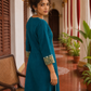 Elegant Teal Cotton Kurta with Beige Kutch-Work hand Embroidered Madhubani Yoke and Mirror Work Detailing