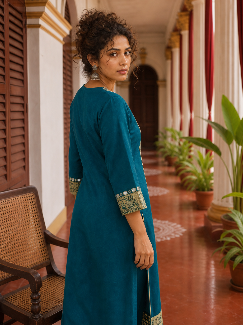 Elegant Teal Cotton Kurta with Beige Kutch-Work hand Embroidered Madhubani Yoke and Mirror Work Detailing