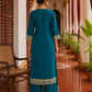 Elegant Teal Cotton Kurta with Beige Kutch-Work hand Embroidered Madhubani Yoke and Mirror Work Detailing