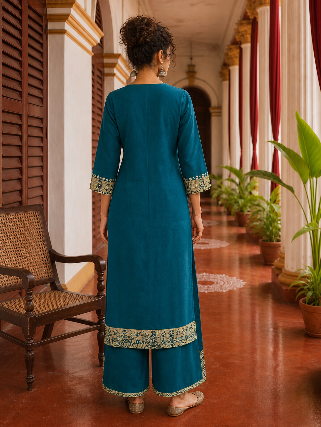 Elegant Teal Cotton Kurta with Beige Kutch-Work hand Embroidered Madhubani Yoke and Mirror Work Detailing