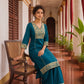 Elegant Teal Cotton Kurta with Beige Kutch-Work hand Embroidered Madhubani Yoke and Mirror Work Detailing
