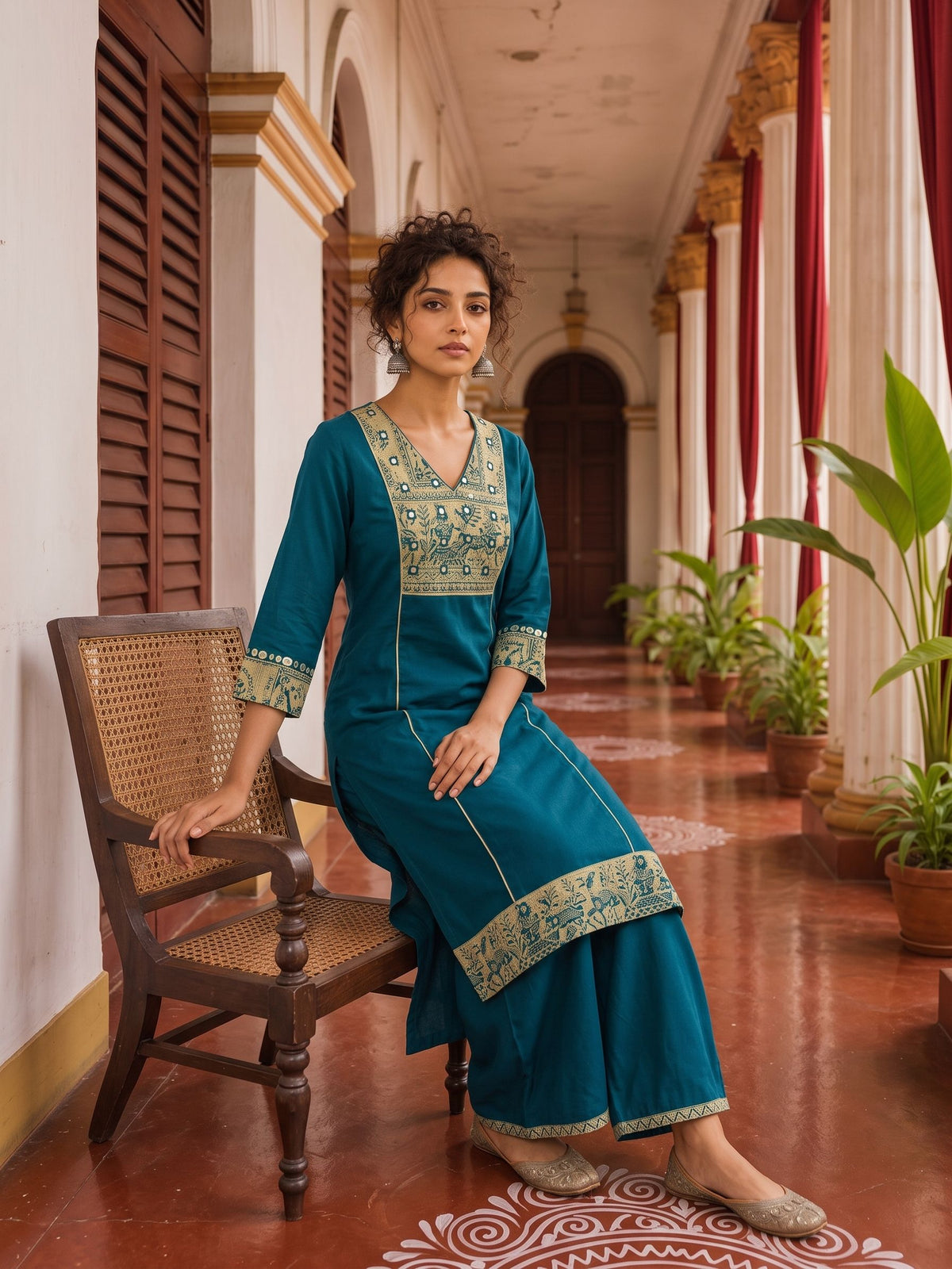 Elegant Teal Cotton Kurta with Beige Kutch-Work hand Embroidered Madhubani Yoke and Mirror Work Detailing