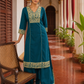 Elegant Teal Cotton Kurta with Beige Kutch-Work hand Embroidered Madhubani Yoke and Mirror Work Detailing