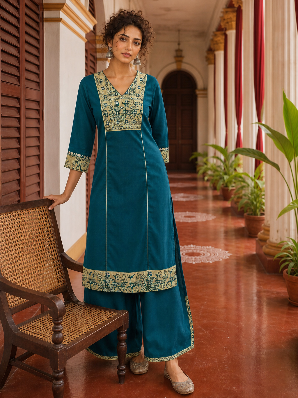 Elegant Teal Cotton Kurta with Beige Kutch-Work hand Embroidered Madhubani Yoke and Mirror Work Detailing
