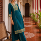 Elegant Teal Cotton Kurta with Beige Kutch-Work hand Embroidered Madhubani Yoke and Mirror Work Detailing