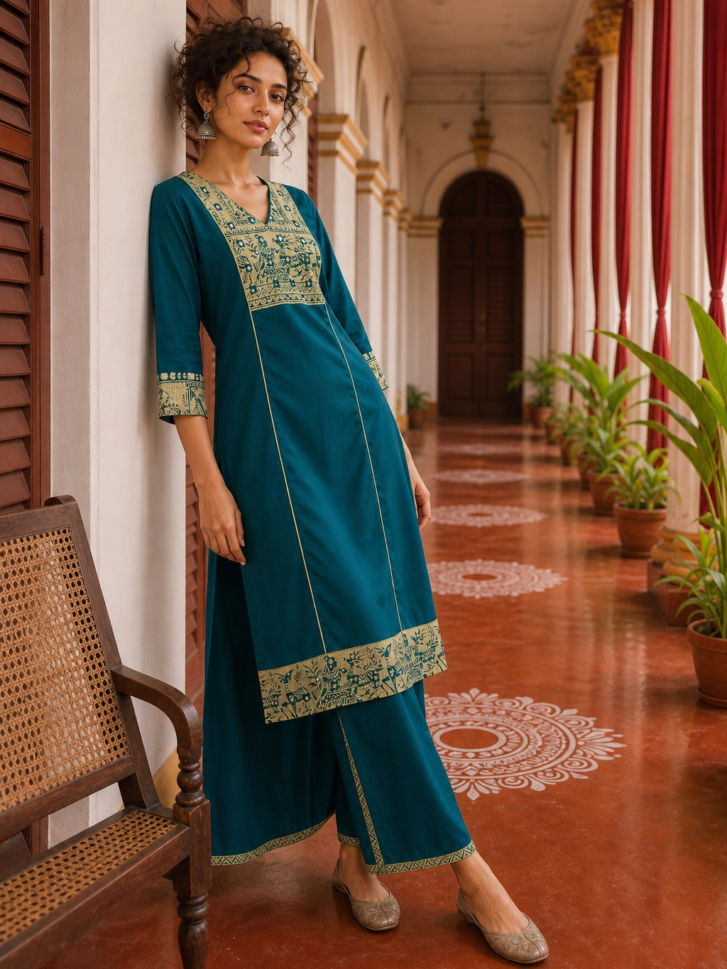 Elegant Teal Cotton Kurta with Beige Kutch-Work hand Embroidered Madhubani Yoke and Mirror Work Detailing