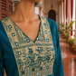 Elegant Teal Cotton Kurta with Beige Kutch-Work hand Embroidered Madhubani Yoke and Mirror Work Detailing