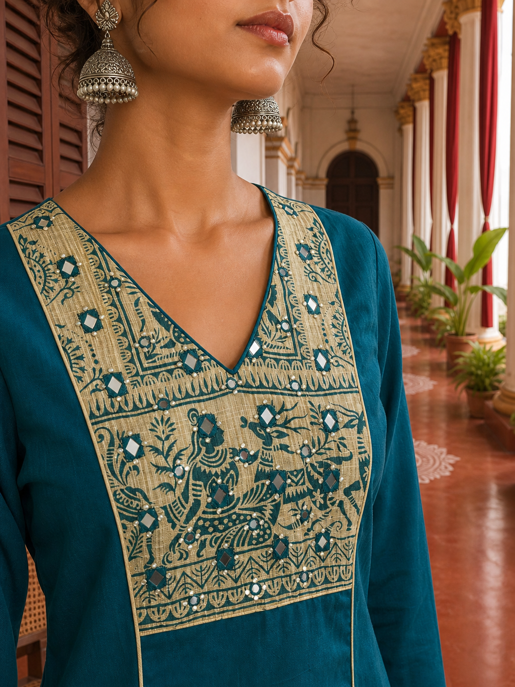 Elegant Teal Cotton Kurta with Beige Kutch-Work hand Embroidered Madhubani Yoke and Mirror Work Detailing