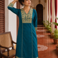 Elegant Teal Cotton Kurta with Beige Kutch-Work hand Embroidered Madhubani Yoke and Mirror Work Detailing