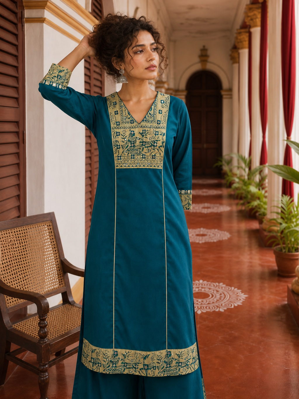 Elegant Teal Cotton Kurta with Beige Kutch-Work hand Embroidered Madhubani Yoke and Mirror Work Detailing