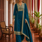Elegant Teal Cotton Kurta with Beige Kutch-Work hand Embroidered Madhubani Yoke and Mirror Work Detailing