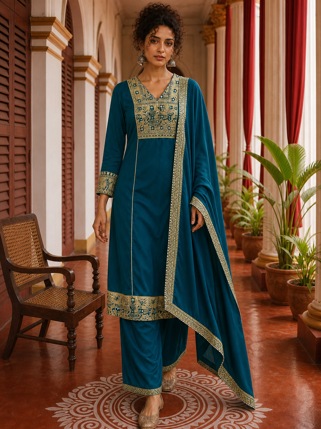 Elegant Teal Cotton Kurta with Beige Kutch-Work hand Embroidered Madhubani Yoke and Mirror Work Detailing