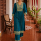 Elegant Teal Cotton Kurta with Beige Kutch-Work hand Embroidered Madhubani Yoke and Mirror Work Detailing
