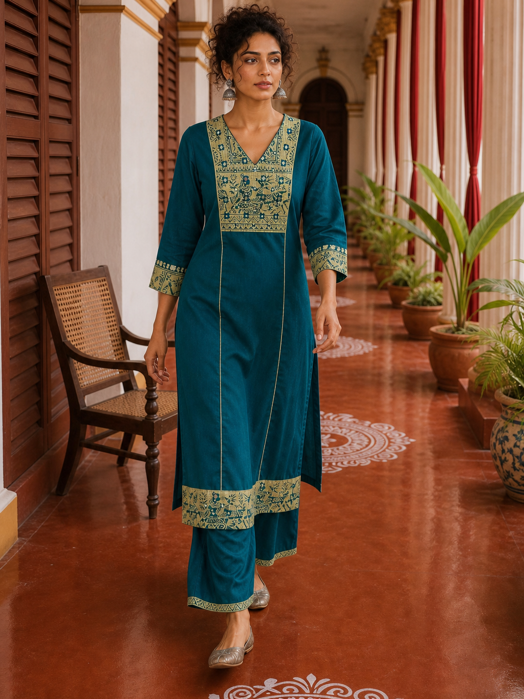 Elegant Teal Cotton Kurta with Beige Kutch-Work hand Embroidered Madhubani Yoke and Mirror Work Detailing