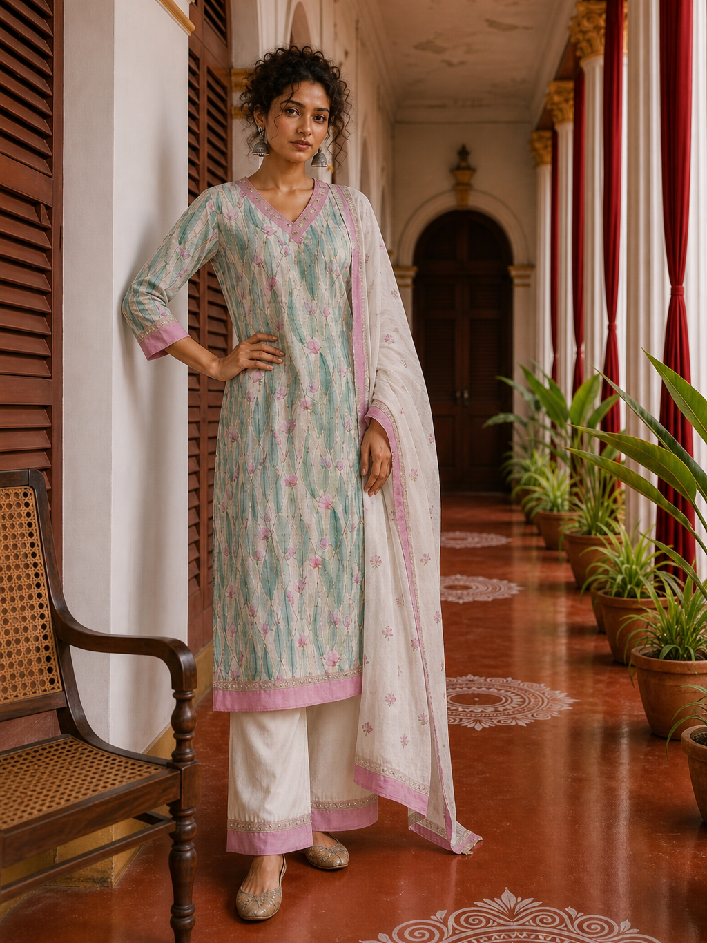 Elegant Off-White Floral Printed Kurta with Pink hand embroidered V-Neck patch