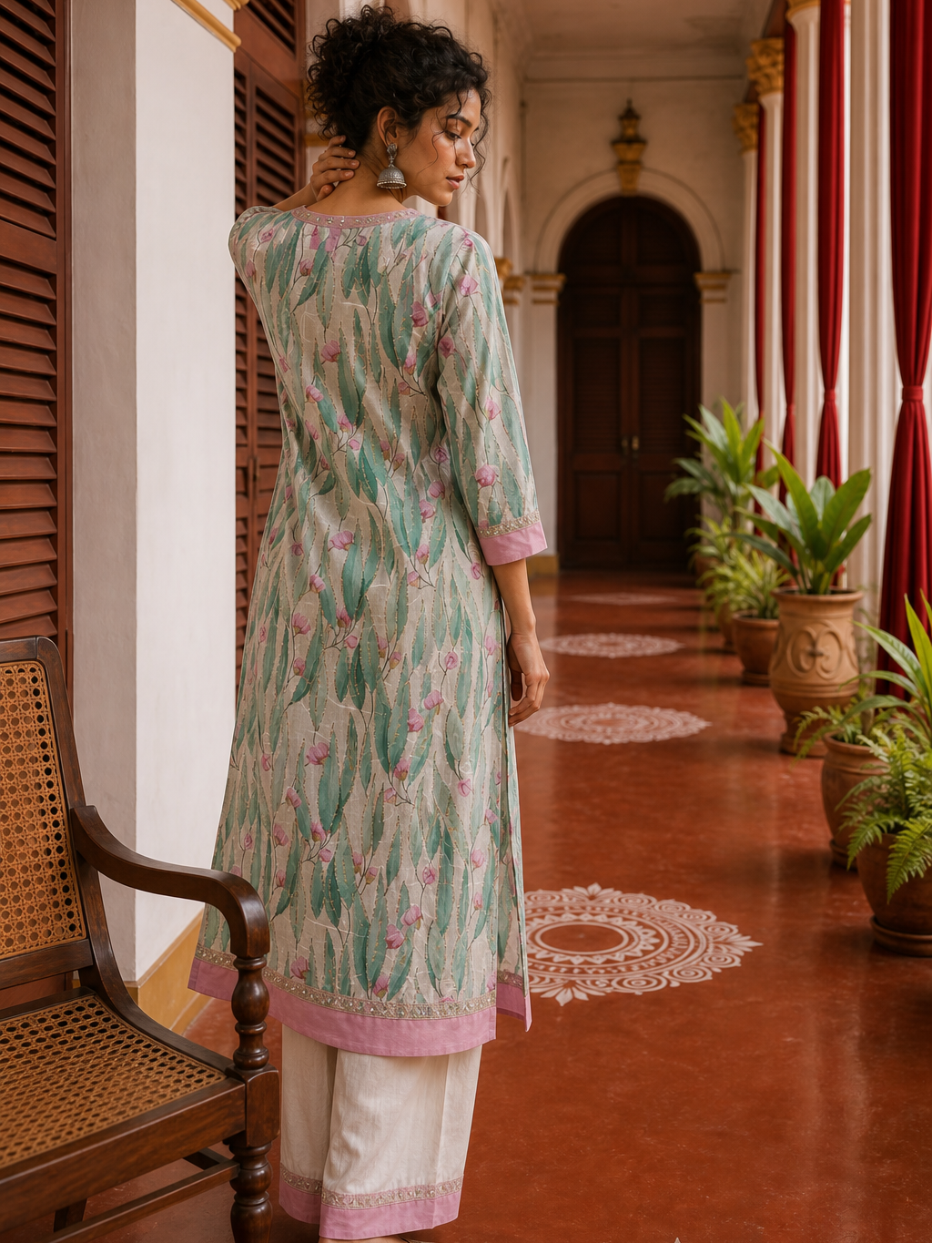 Elegant Off-White Floral Printed Kurta with Pink hand embroidered V-Neck patch