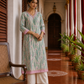 Elegant Off-White Floral Printed Kurta with Pink hand embroidered V-Neck patch