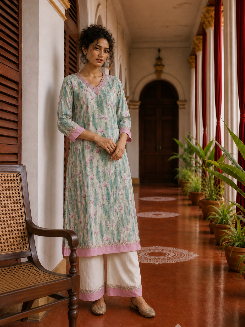 Elegant Off-White Floral Printed Kurta with Pink hand embroidered V-Neck patch