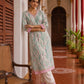 Elegant Off-White Floral Printed Kurta with Pink hand embroidered V-Neck patch