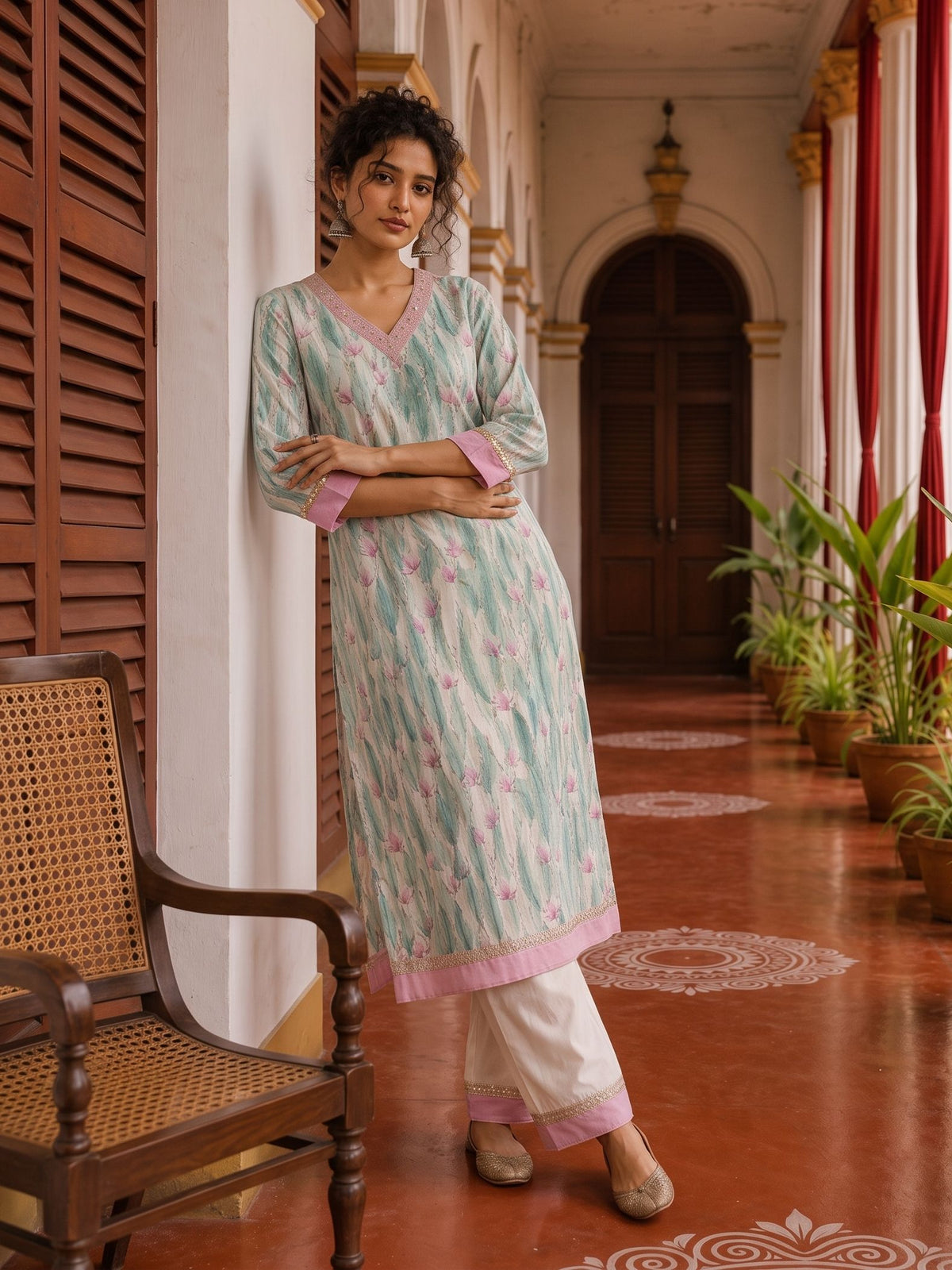 Elegant Off-White Floral Printed Kurta with Pink hand embroidered V-Neck patch