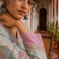 Elegant Off-White Floral Printed Kurta with Pink hand embroidered V-Neck patch