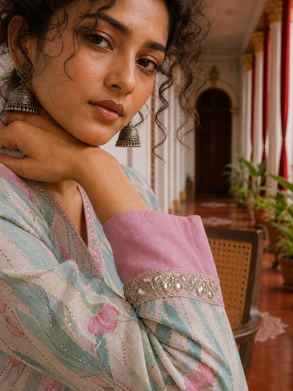 Elegant Off-White Floral Printed Kurta with Pink hand embroidered V-Neck patch