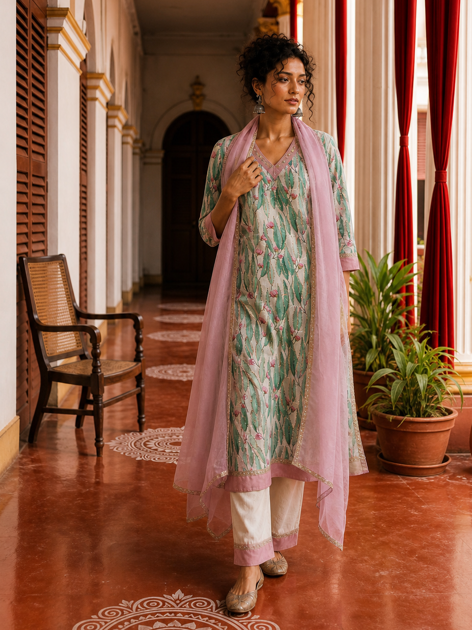 Elegant Off-White Floral Printed Kurta with Pink hand embroidered V-Neck patch
