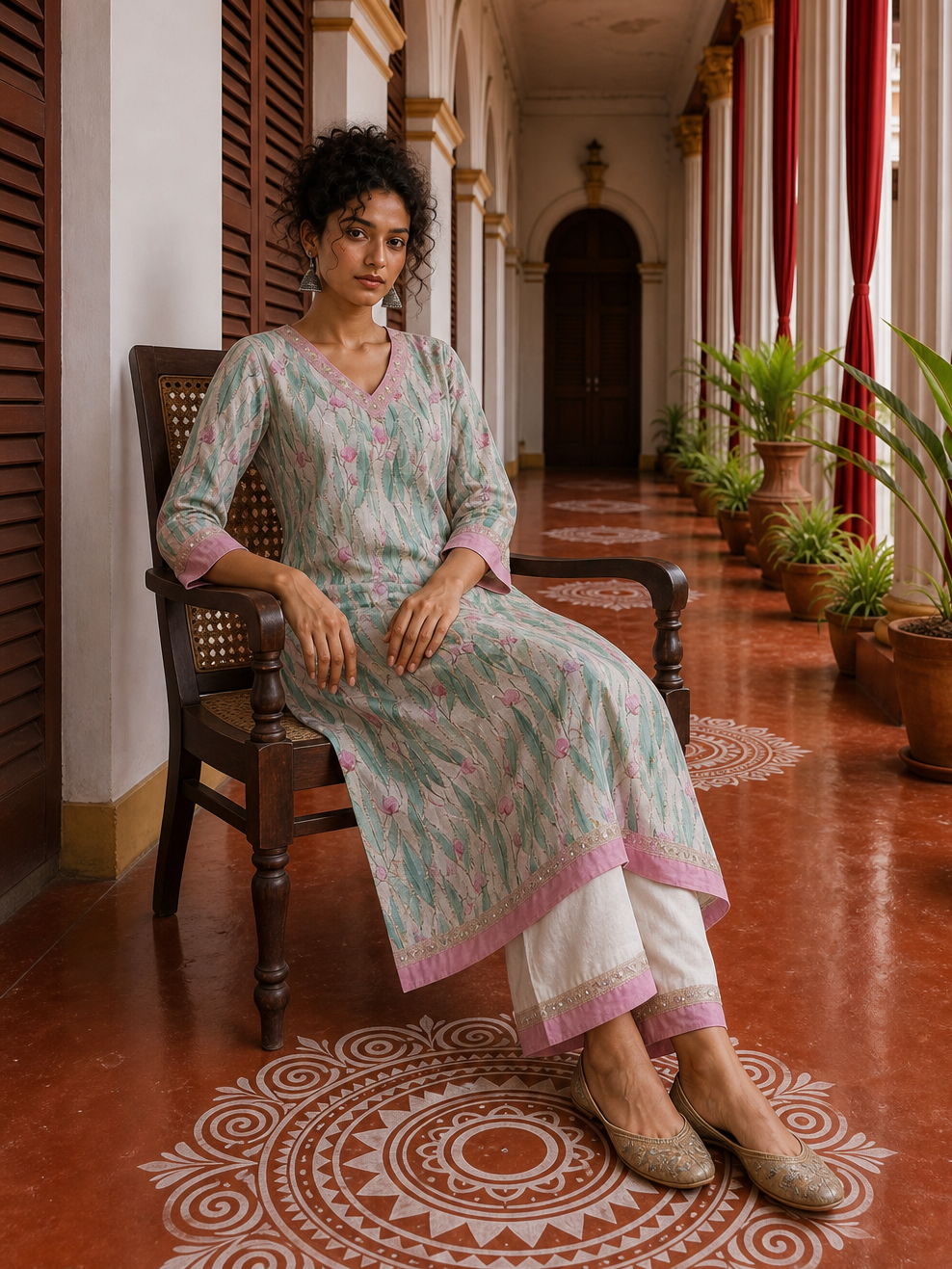 Elegant Off-White Floral Printed Kurta with Pink hand embroidered V-Neck patch
