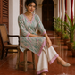 Elegant Off-White Floral Printed Kurta with Pink hand embroidered V-Neck patch