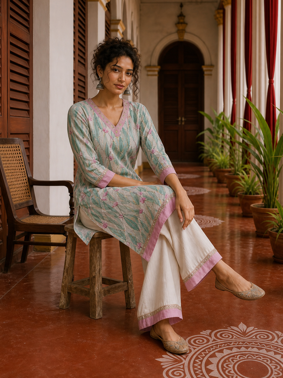 Elegant Off-White Floral Printed Kurta with Pink hand embroidered V-Neck patch