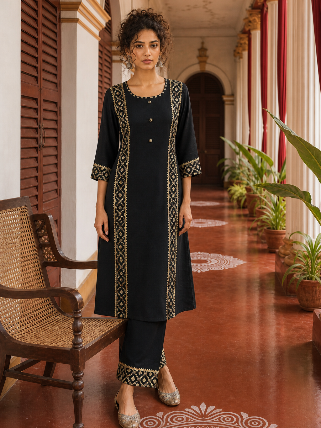 Elegant Black Cotton sil Kurta with Banarasi Panel Border embellished with gold laces