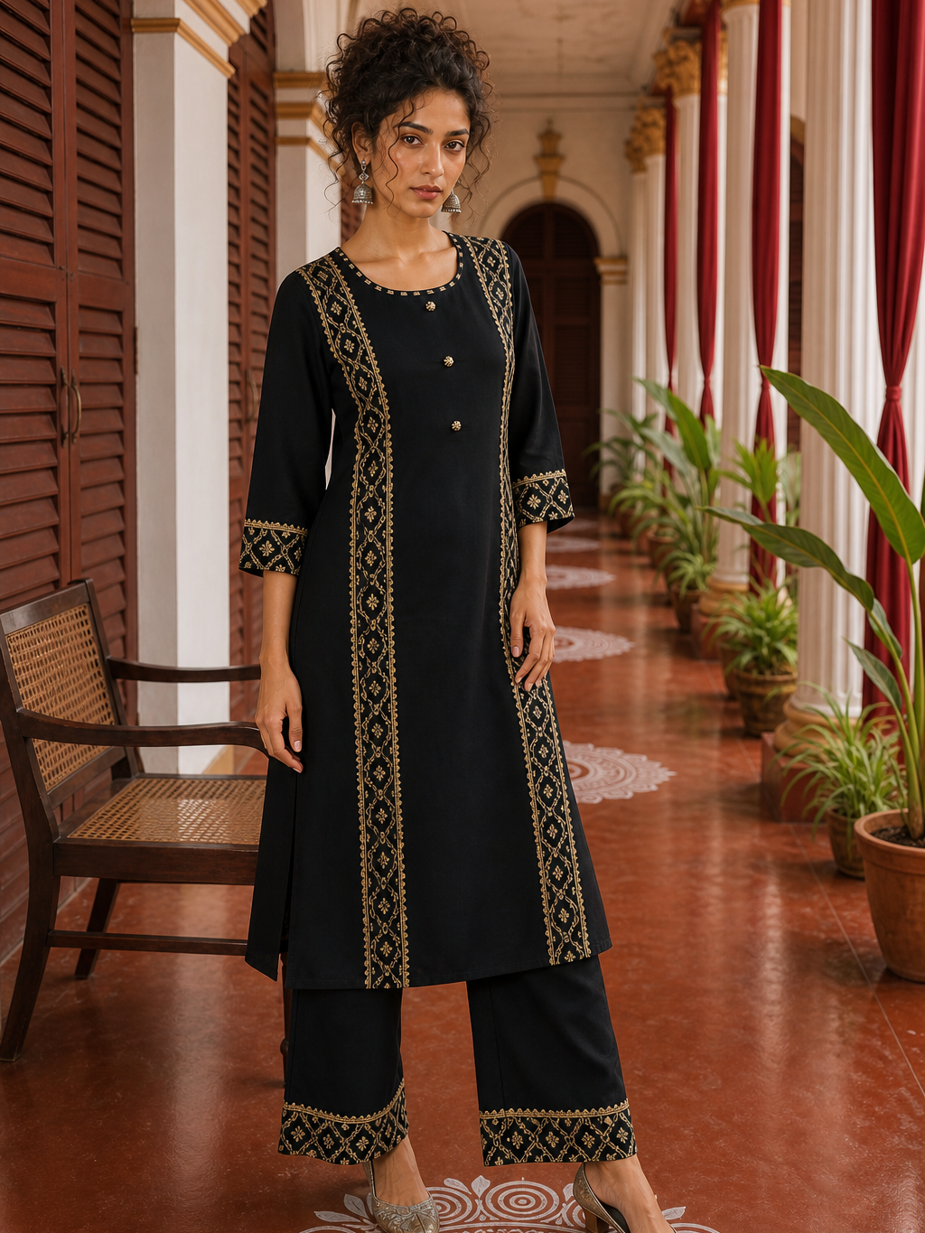Elegant Black Cotton sil Kurta with Banarasi Panel Border embellished with gold laces